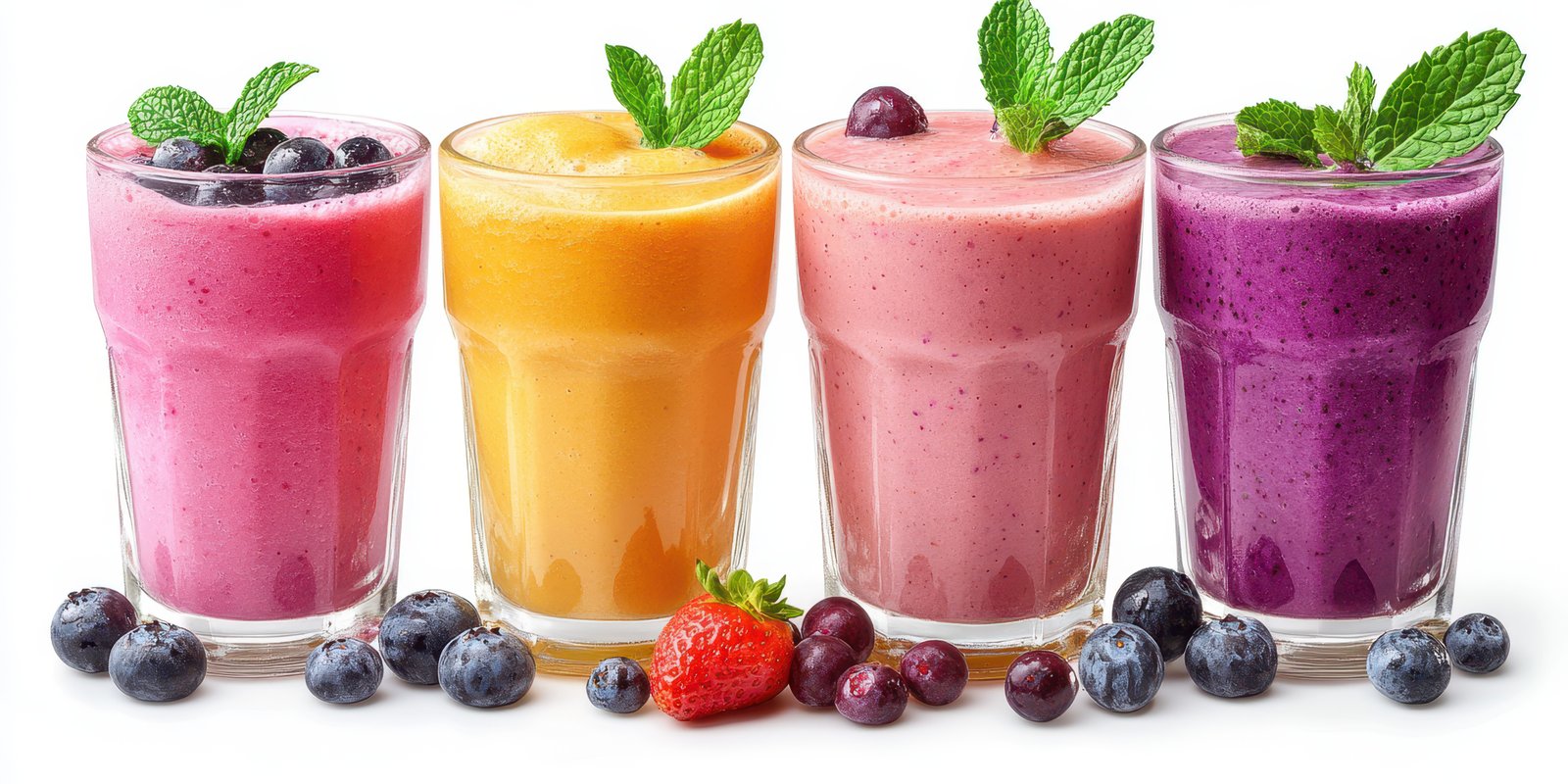 Colorful fruit smoothies displayed in glasses with fresh berries and mint leaves on a white background